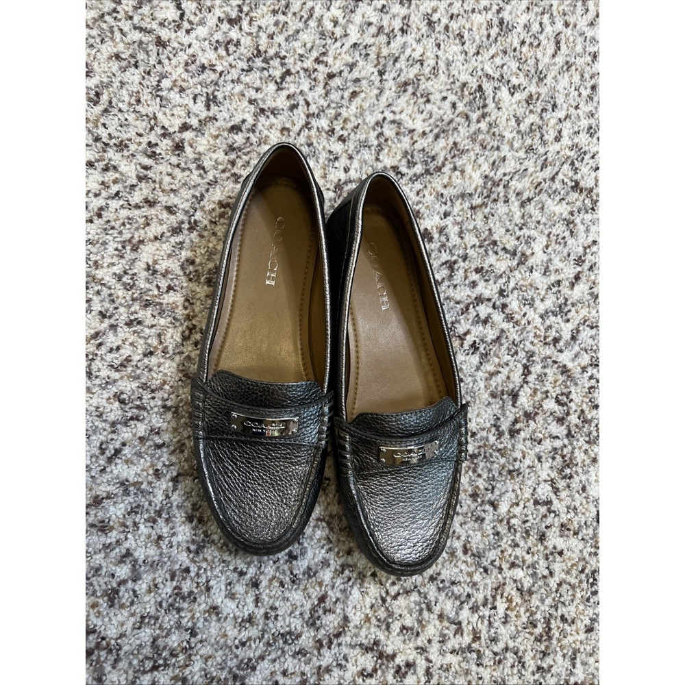 COACH‎ Odette Solid Metallic Gray Leather Driver Loafer Logo Size 7.5